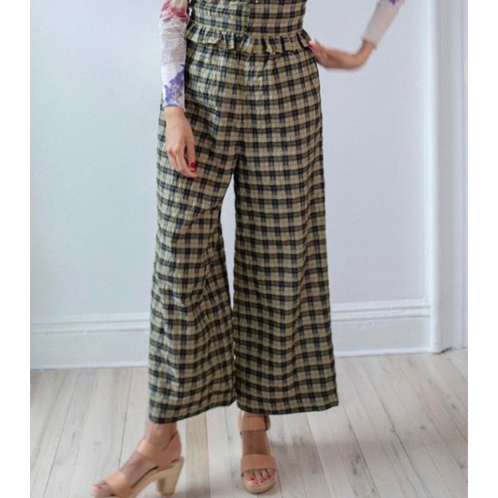 Ganni Seersucker Check Culottes Wide Leg Pants 34/XS Aloe High Waisted Hi Rise